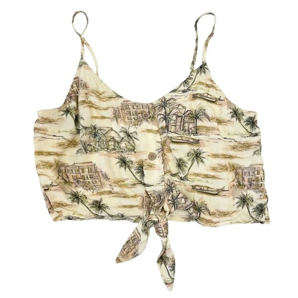 American Eagle Outfitters Tops - American Eagle NEW Neutral Vacation Island Print Tie Front Crop Top - Size Large